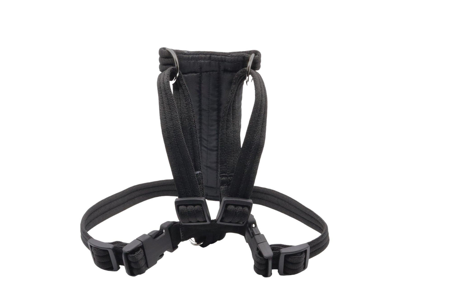 Black medium car safety harness in comfortable padded webbing and is easy to adjust.