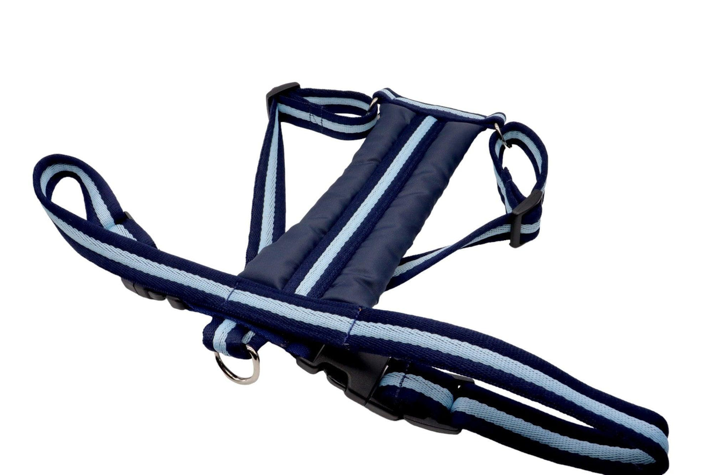Navy and light blue striped Softex cushioned webbing in a medium to large sized harness