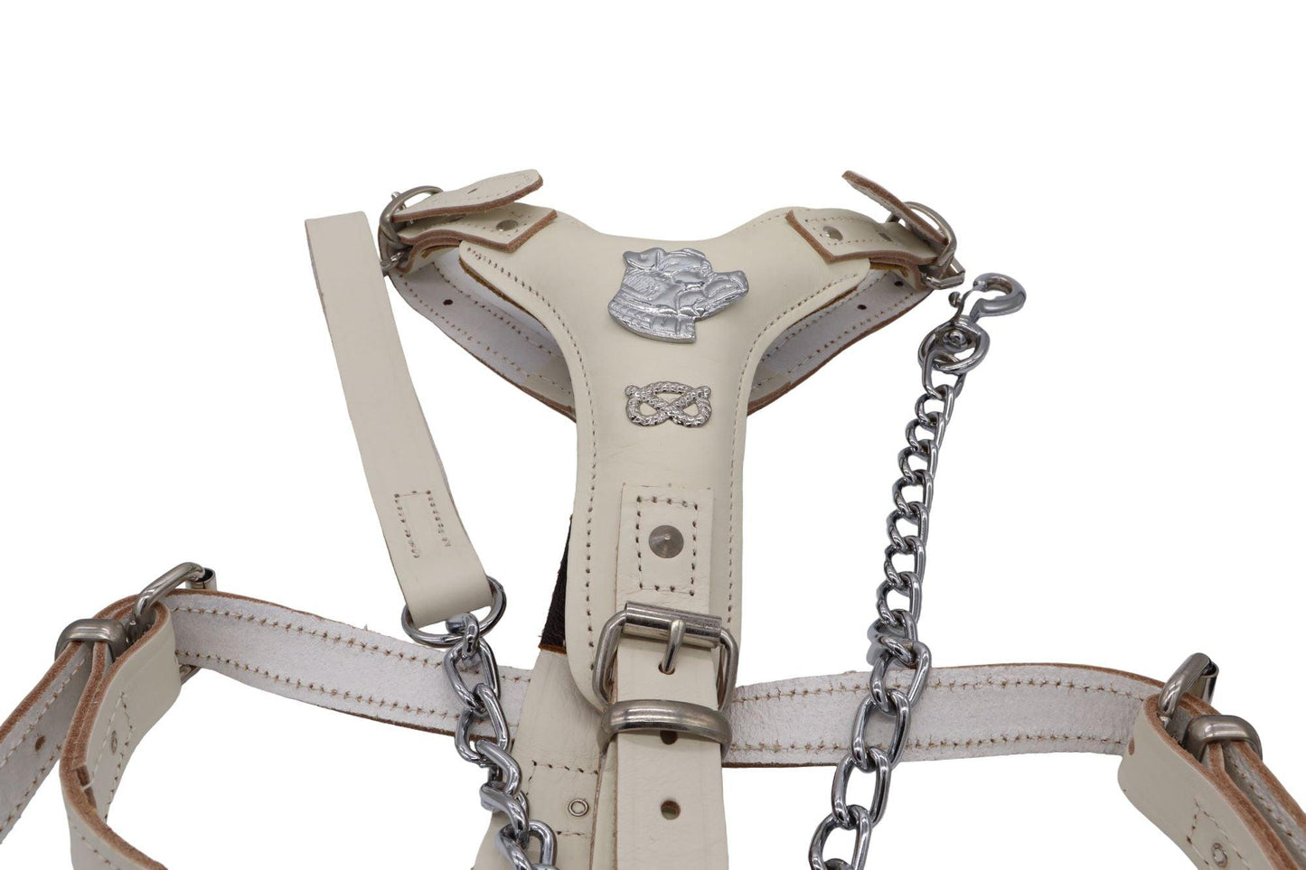 Beige Leather Staffy harness with a matching leather and chain lead