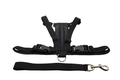 A Black car safety harness size C with a short handle. 