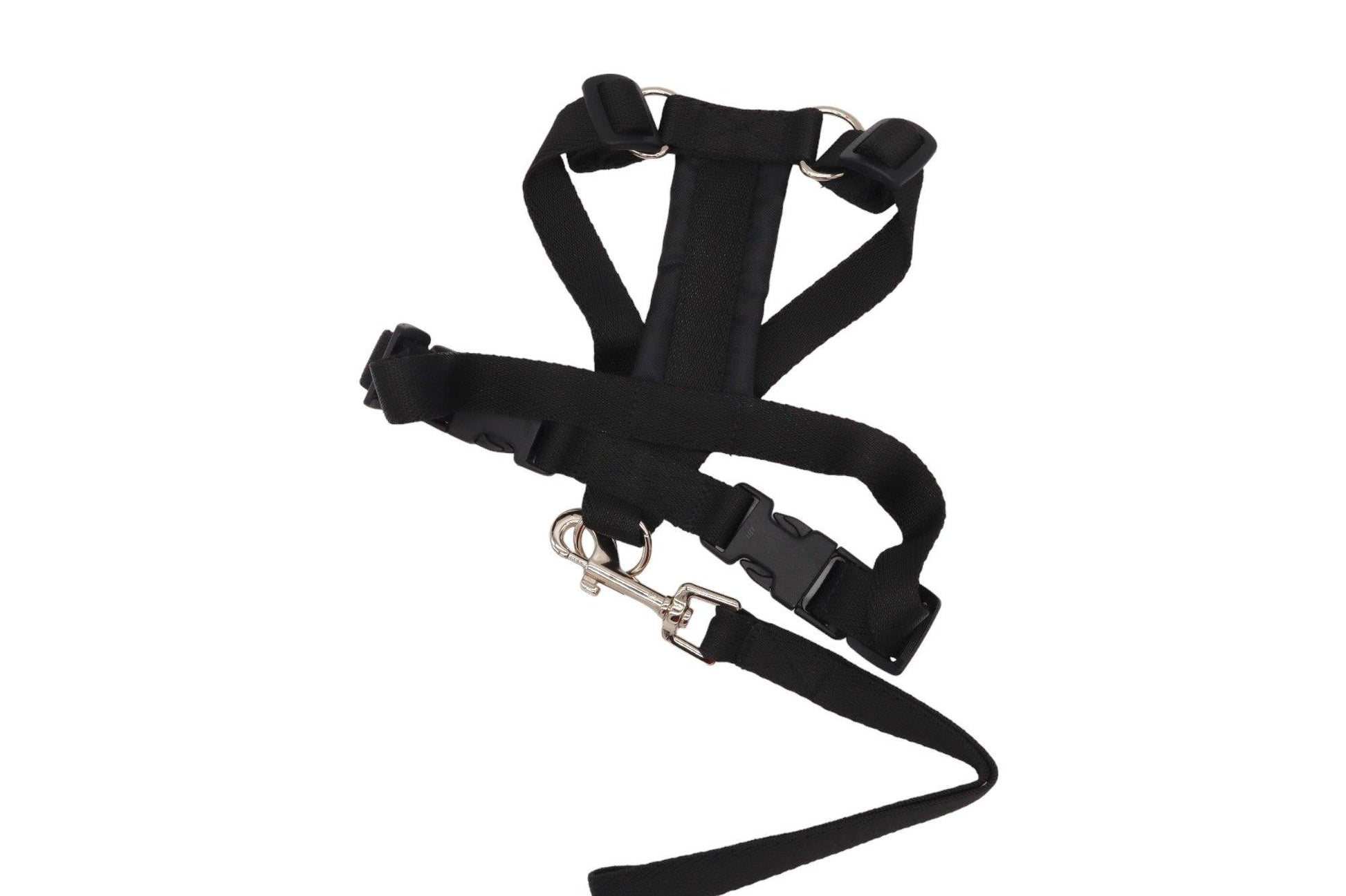 A small size A Black car safety harness with a short handle lead.