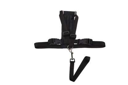 A small size B Black car safety harness with a short handle lead.