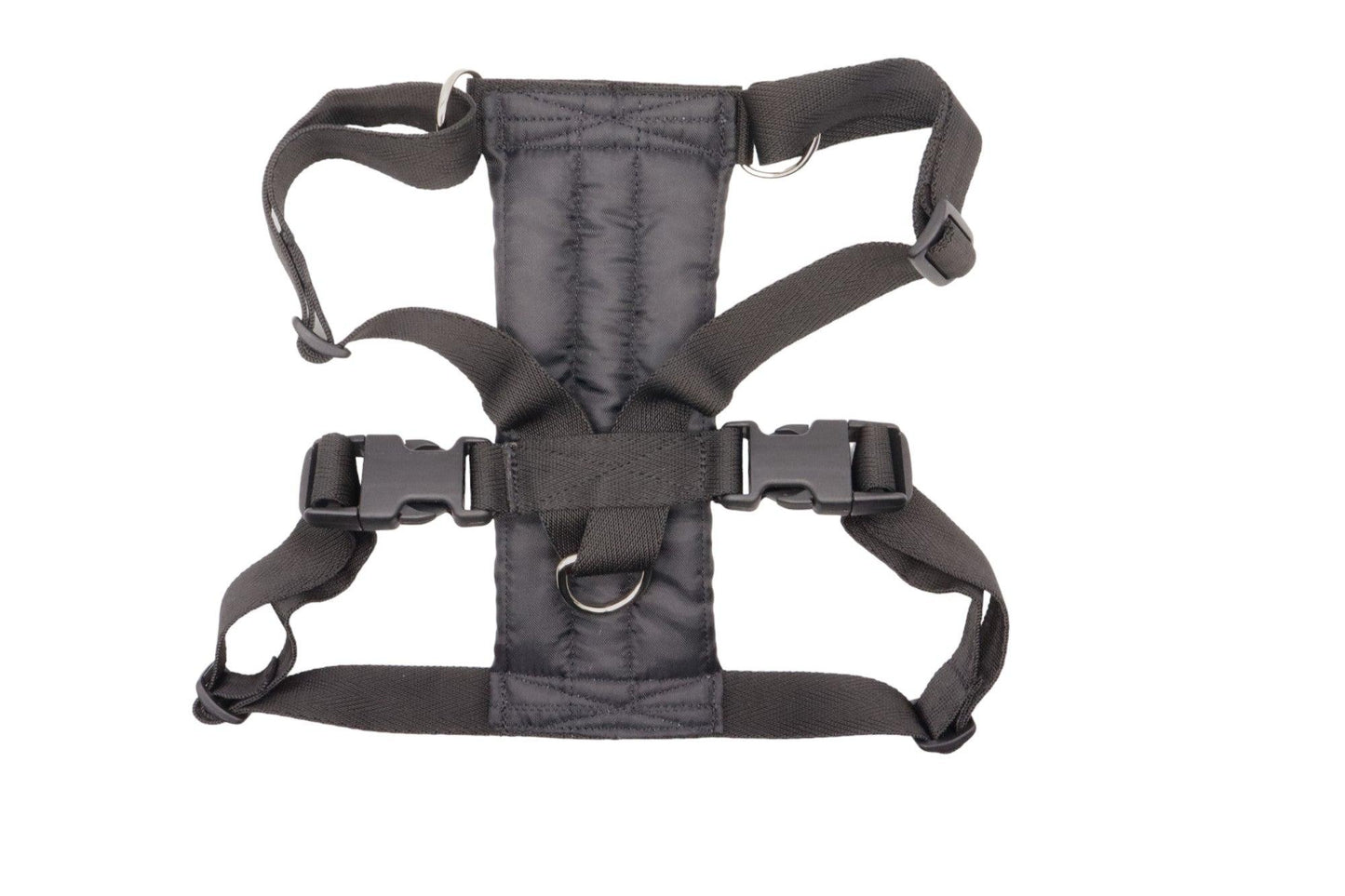 A small size D Black car safety harness with a short handle lead.