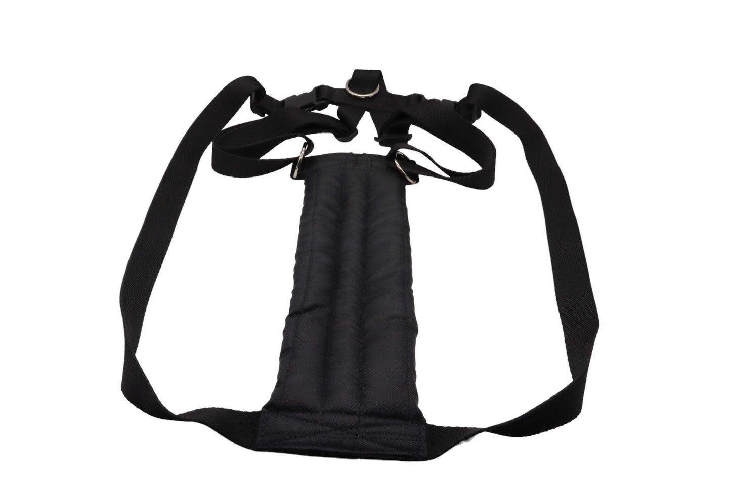 A size G black car safety harness with a black padded chest piece.