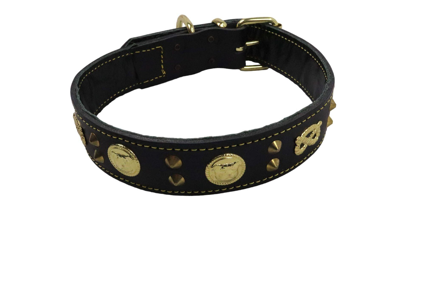 A black leather Staffy collar with an inner softer leather. With brass Staffordshire knot and Staffordshire Bull terrier emblems and short studs.