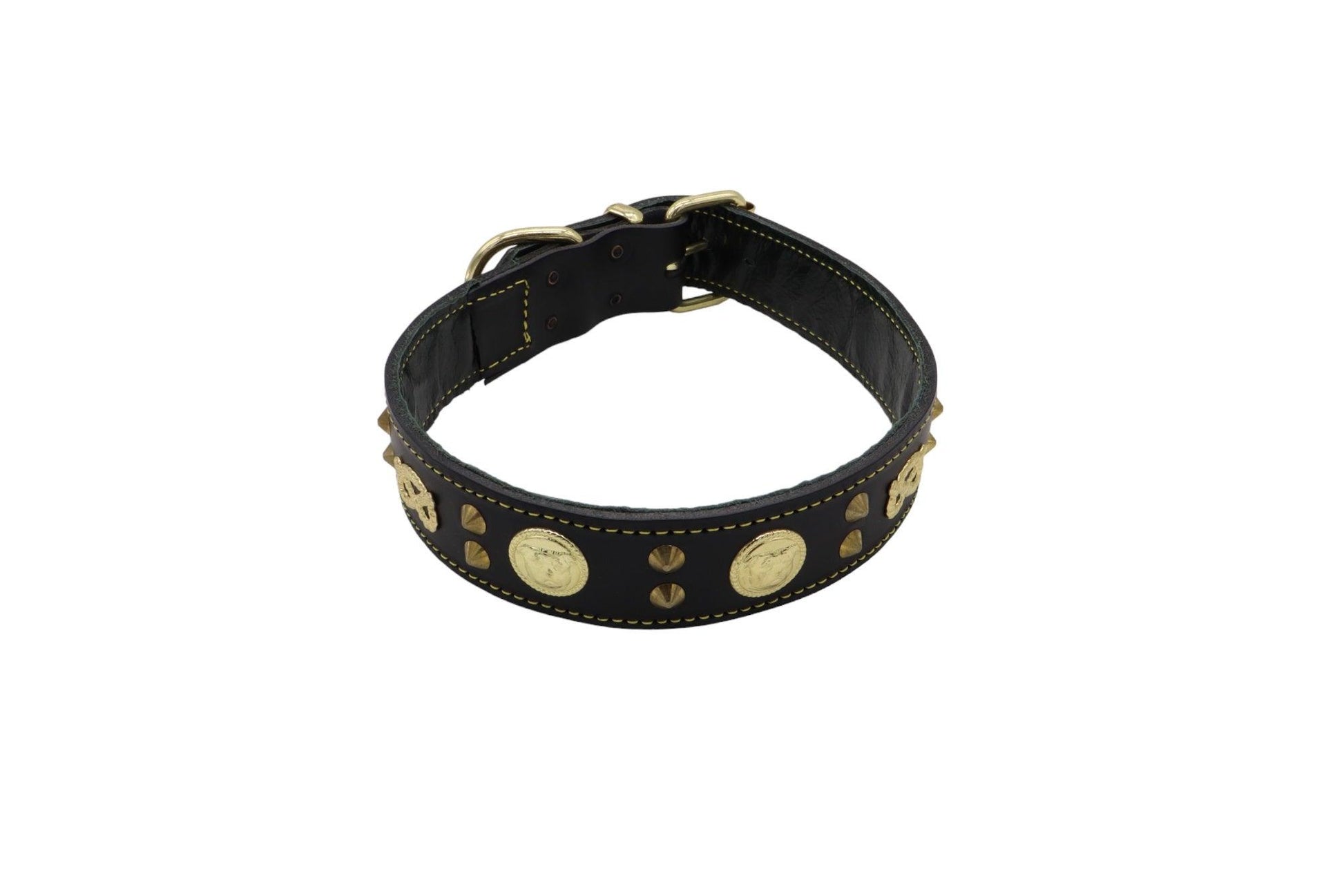 A black leather Staffy collar with an inner softer leather. With brass Staffordshire knot and Staffordshire Bull terrier emblems and short studs.