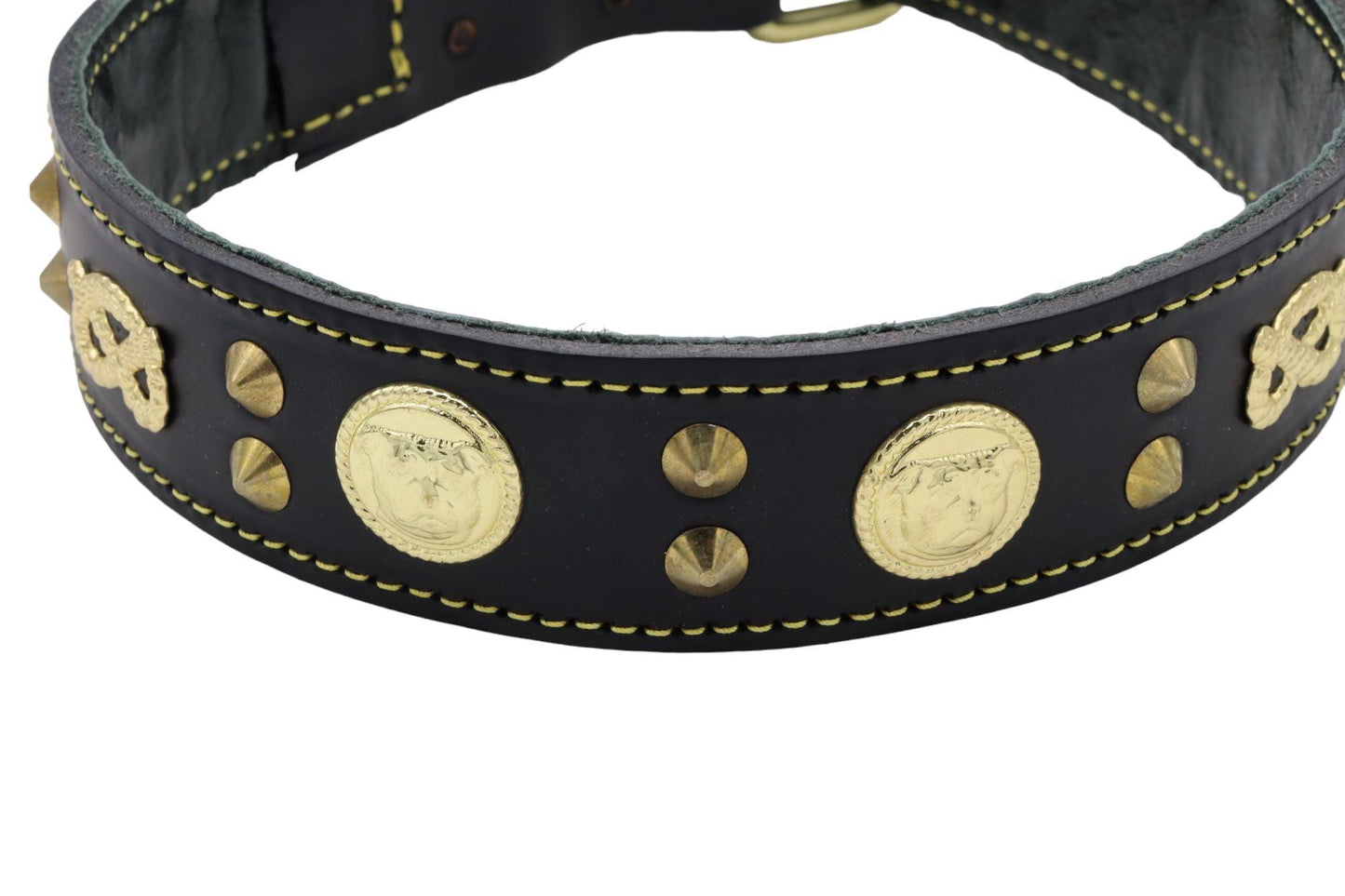 A close up of the Staffy emblems in the black leather collar with the yellow stitching along the outside to give the lead depth and a luxurious look.