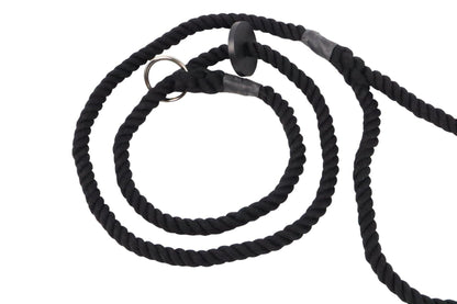 A black cotton slip lead spiralled with the handle look out of the picture.