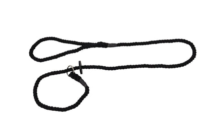 A black, hand spliced, cotton dog slip lead with rubber bindings and a rubber stopper. The lead is in a sideways U shape with the loop at the bottom.