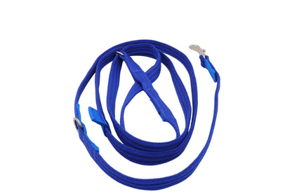 A blue softex figure of 8 dog lead with a trigger hook for the handle and an added ring so that it can be used as a normal figure of 8 lead or shortened and connected to the end of the '8'.