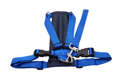 Size F blue car safety harness with a navy padded rectangle for the chest.