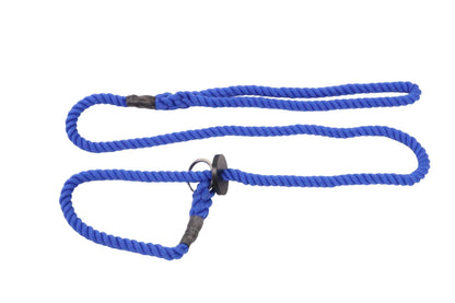 A soft cotton rope lead in blue. The lead is in an s shape with the handle at the top and the nickel ring against the rubber stopper at the bottom of the picture.