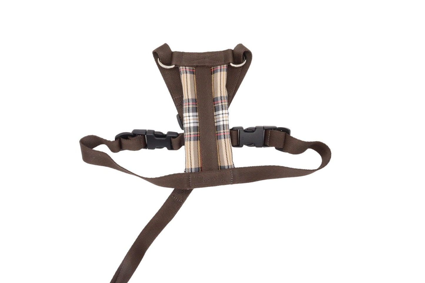 Small brown dog harness in a Burberry looking style