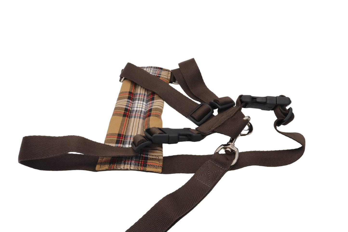 Size C brown cross hatch dog harness for safety in the car