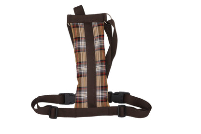 A burberry style dog harness in brown with a checked beige padding