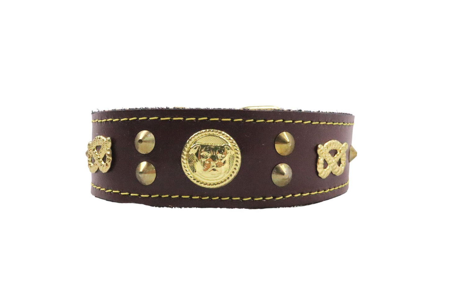 A brown leather Staffy collar with an inner softer leather. With brass Staffordshire knot and Staffordshire Bull terrier emblems and short studs.