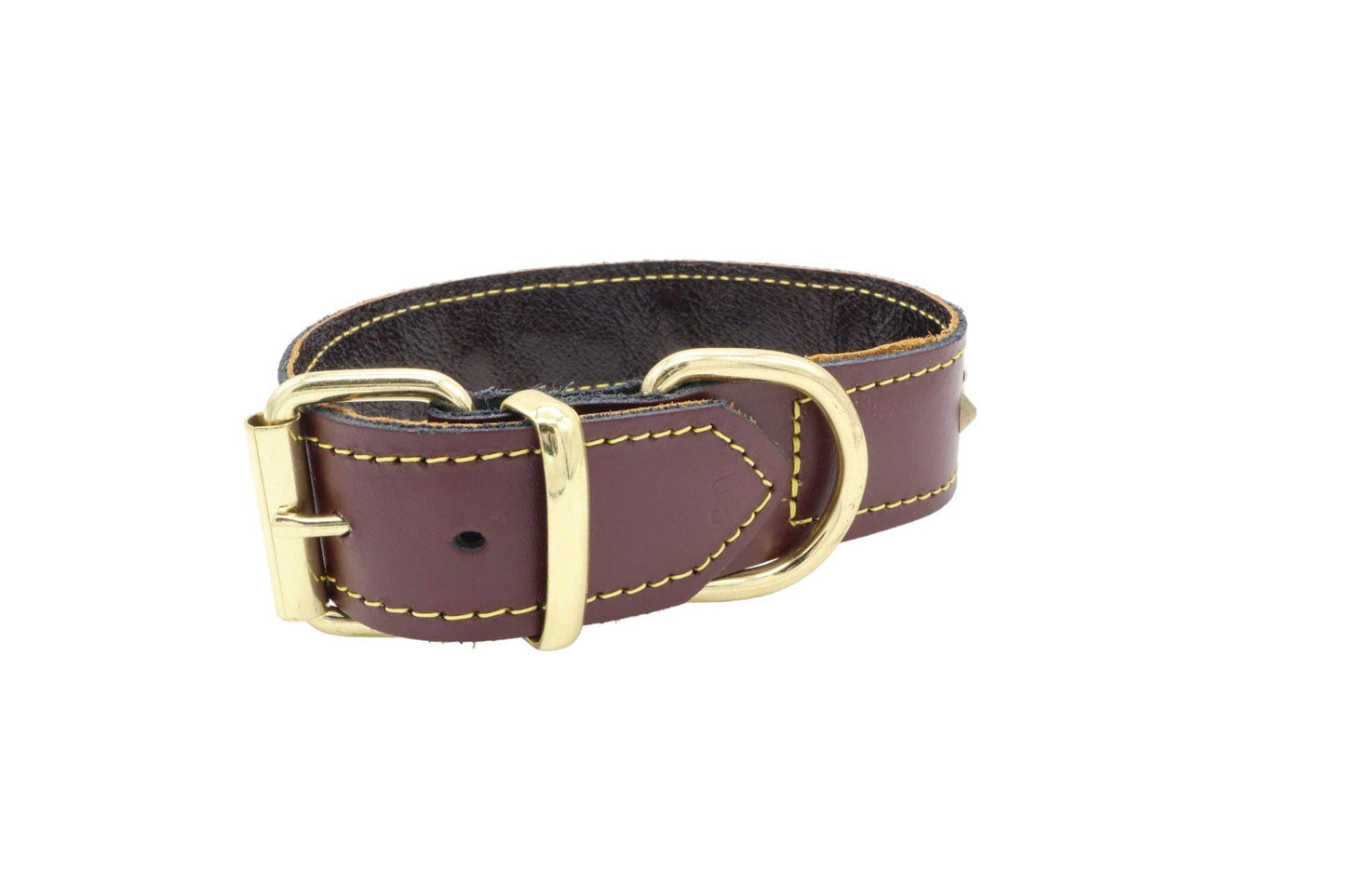 The brass buckles on our brown leather Staffordshire Bull Terrier  collar. Also shows the detail on the UK made product by the quality of stitching.