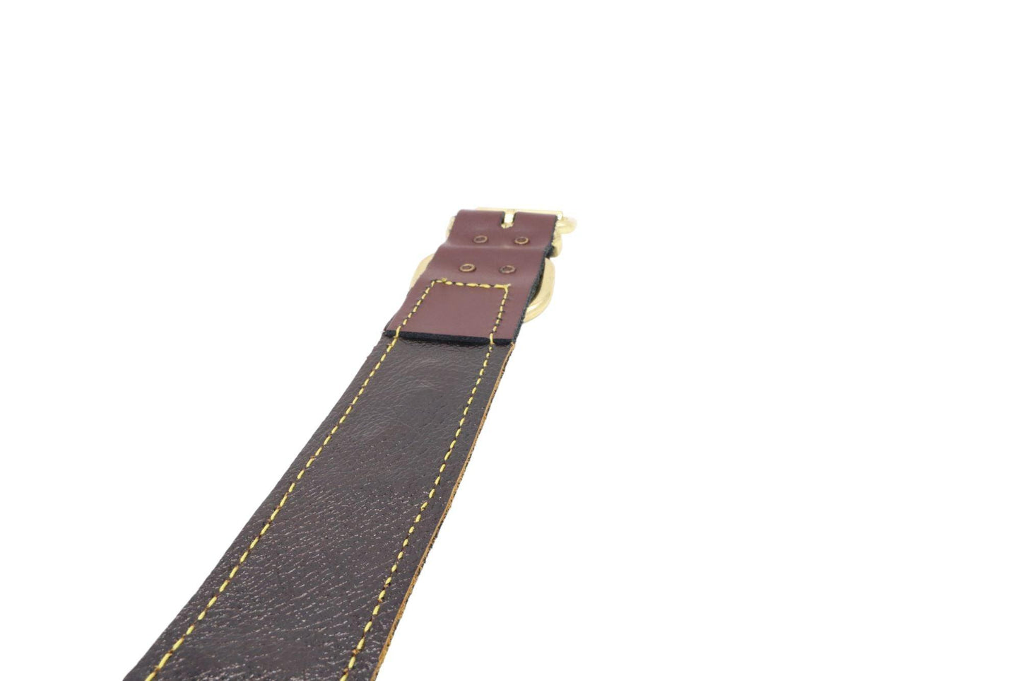 The back of our brown Staffy collar showing the second soft leather backing piece which maintains comfort for your dog to avoid irritation.