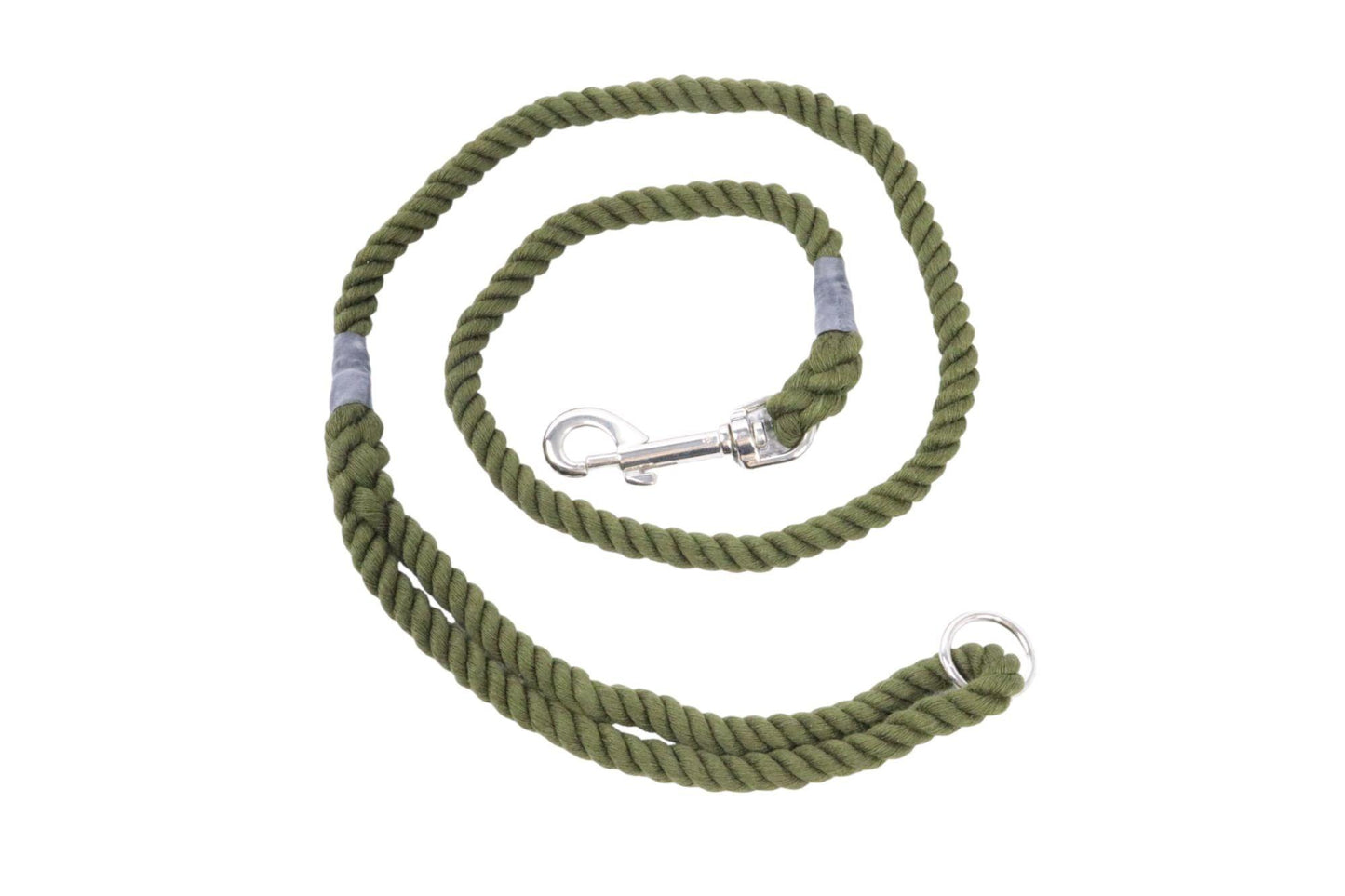 A spiralled olive green dog lead with rubber stopper and bindings and a shiny trigger hook to connect to the collar.