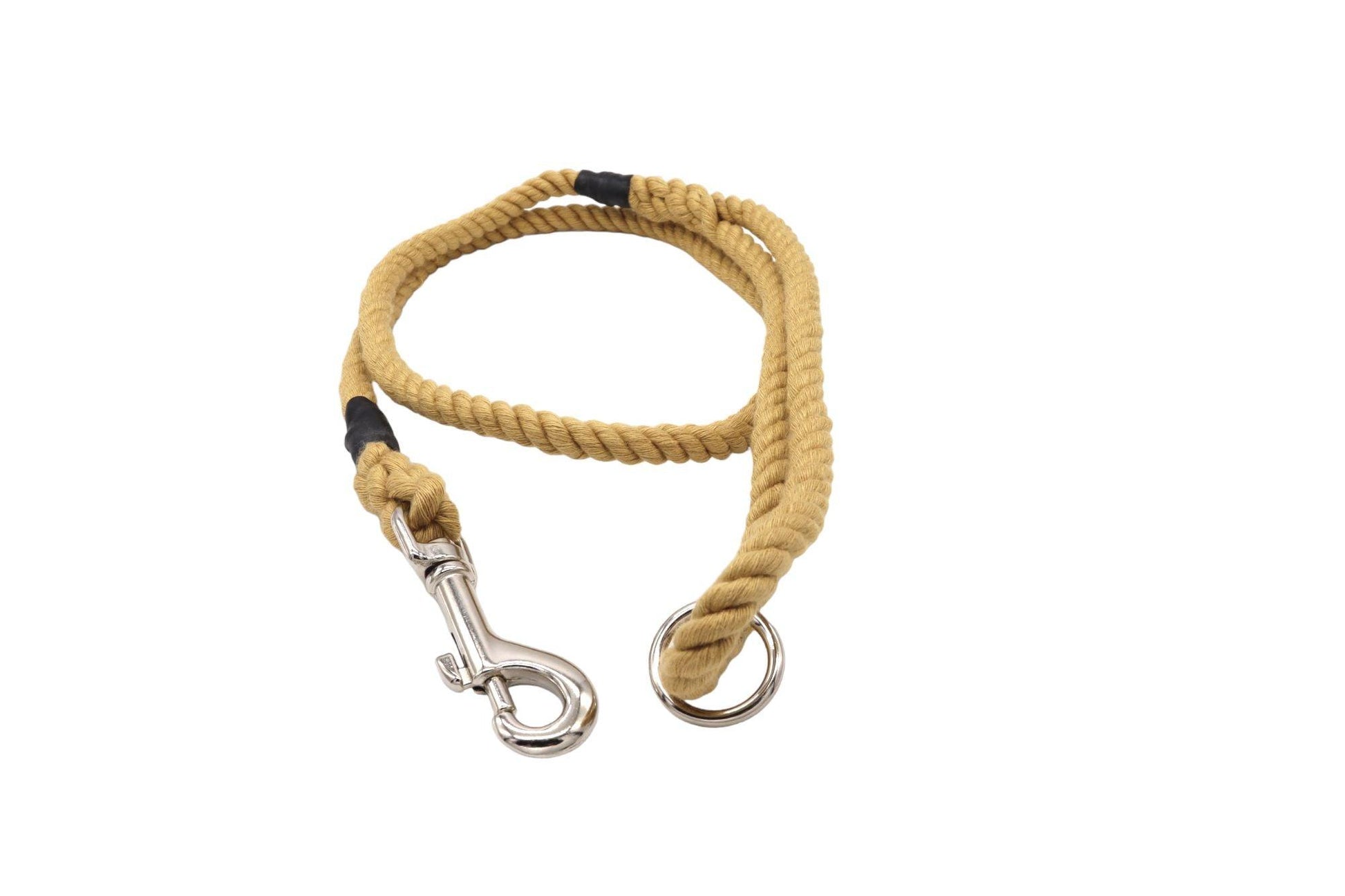 Hemp coloured dog lead. It is cotton with a trigger hook and handle centre screen.