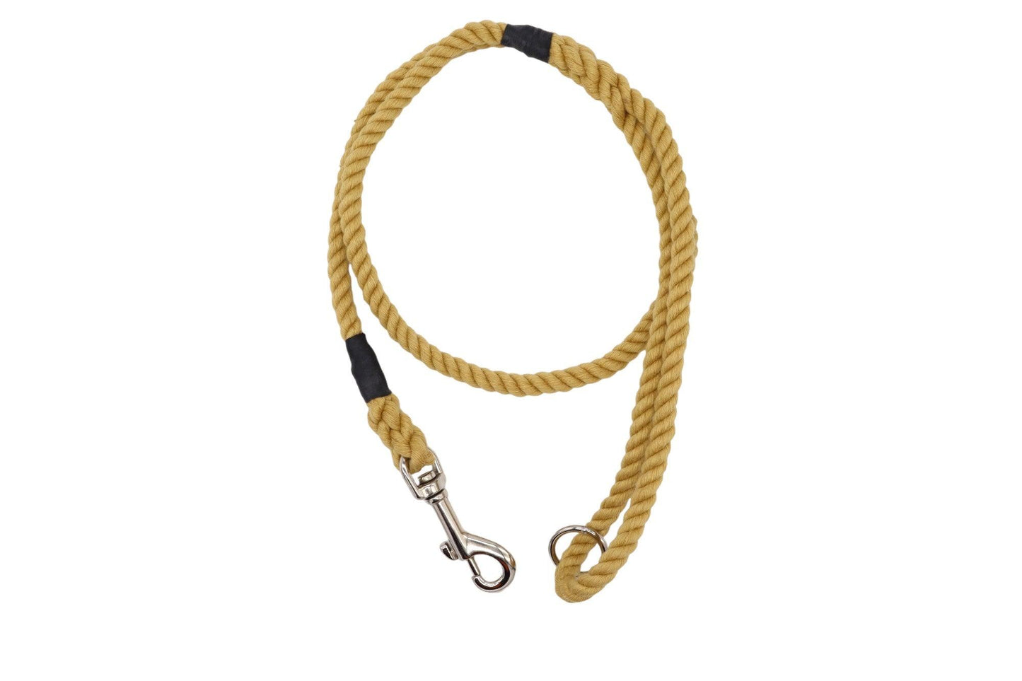 A hemp coloured dog lead made from cotton. It has a trigger clip and a ring in the handle.