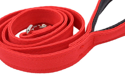 Red nylon dog lead with a padded handle.