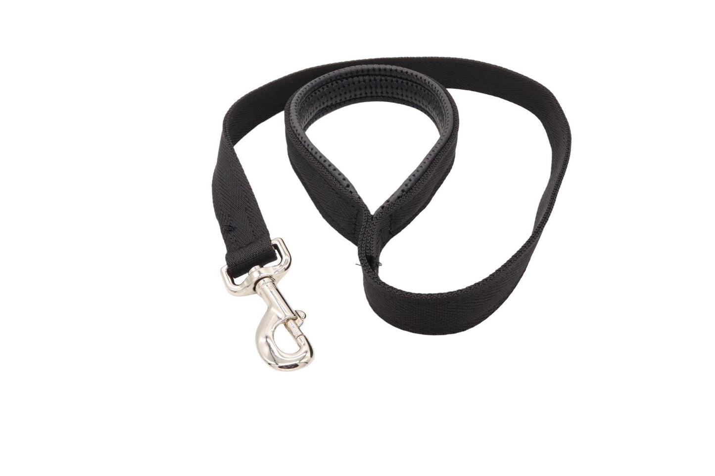 A 1 meter long black double thickness webbing dog lead with a padded handle.