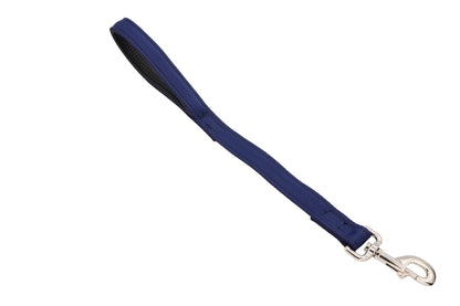 A 50cm long short handle lead in navy. Made of two layers of inch wide webbing sewn together with a padded handle too.