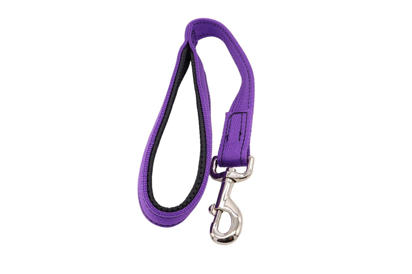 A 50cm long short handle lead in purple. Made of two layers of inch wide webbing sewn together with a padded handle too.