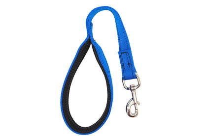 A 50cm long short handle lead in a bright blue. Made of two layers of inch wide webbing sewn together with a padded handle too.