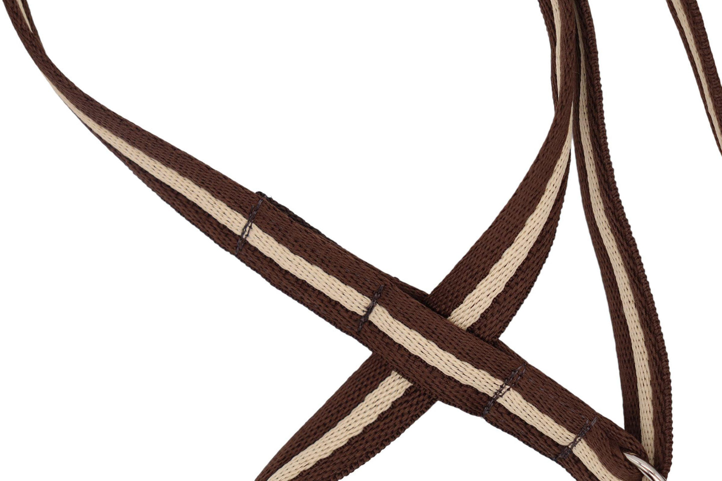 A close up of the triple ridged Softex nylon webbing which shows the thickness of the filled webbing on the brown and beige figure of 8.