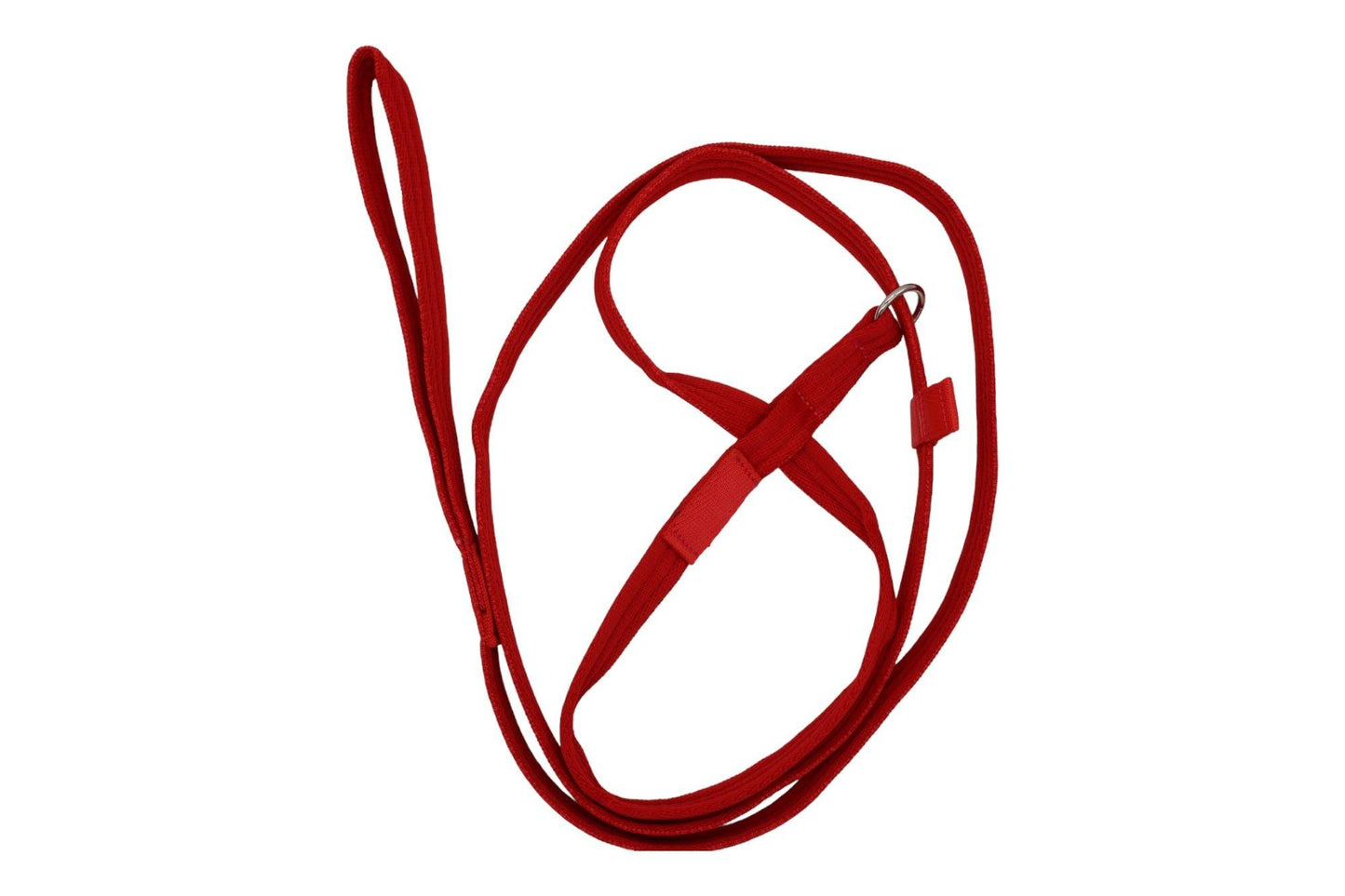 Figure of 8 dog lead in red spiralled around the 8. The stopper is a material tab.