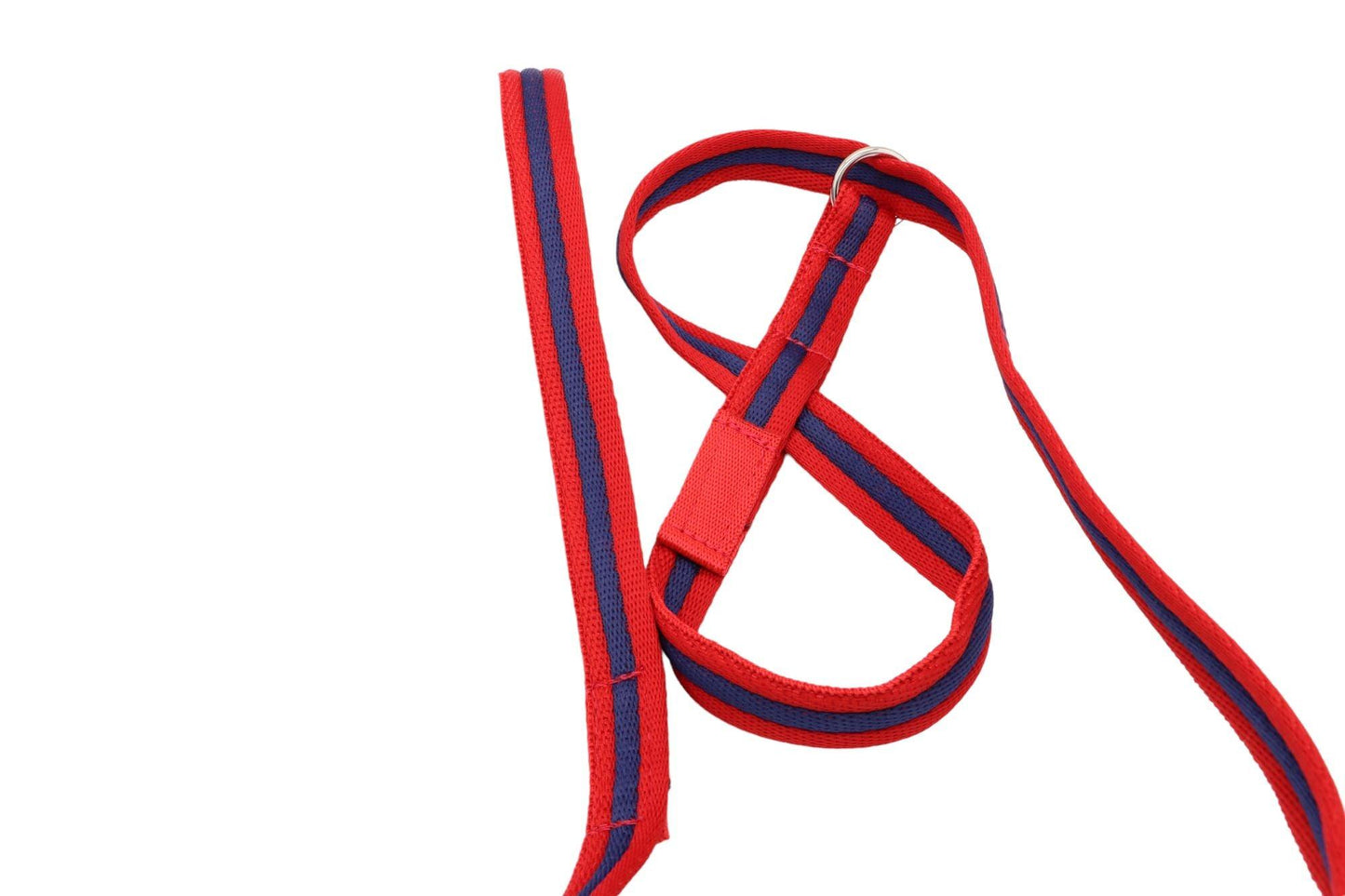 A figure of 8 dog leash in red and navy.