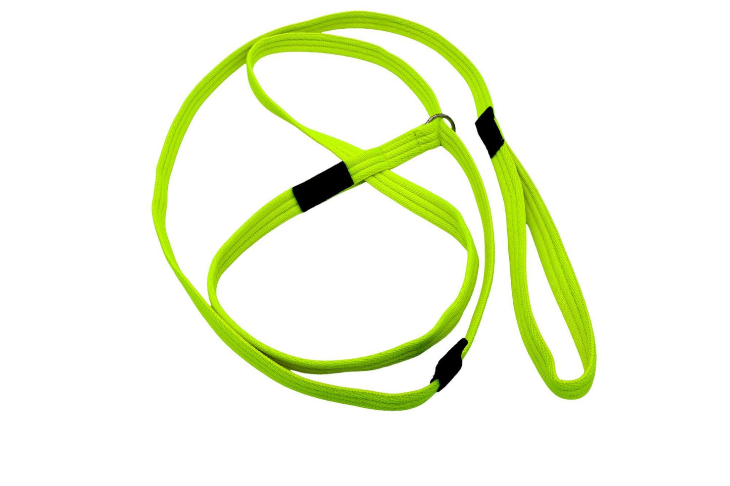 A bright yellow figure of 8 dog lead made with a soft nylon webbing.