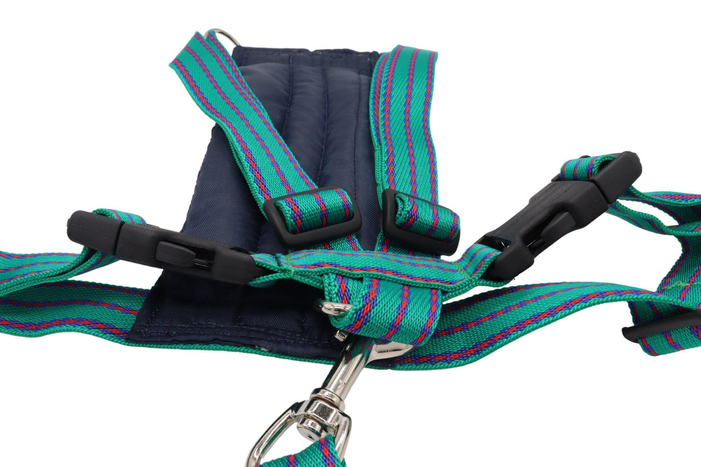 Green dog harness with a red and blue striped pattern