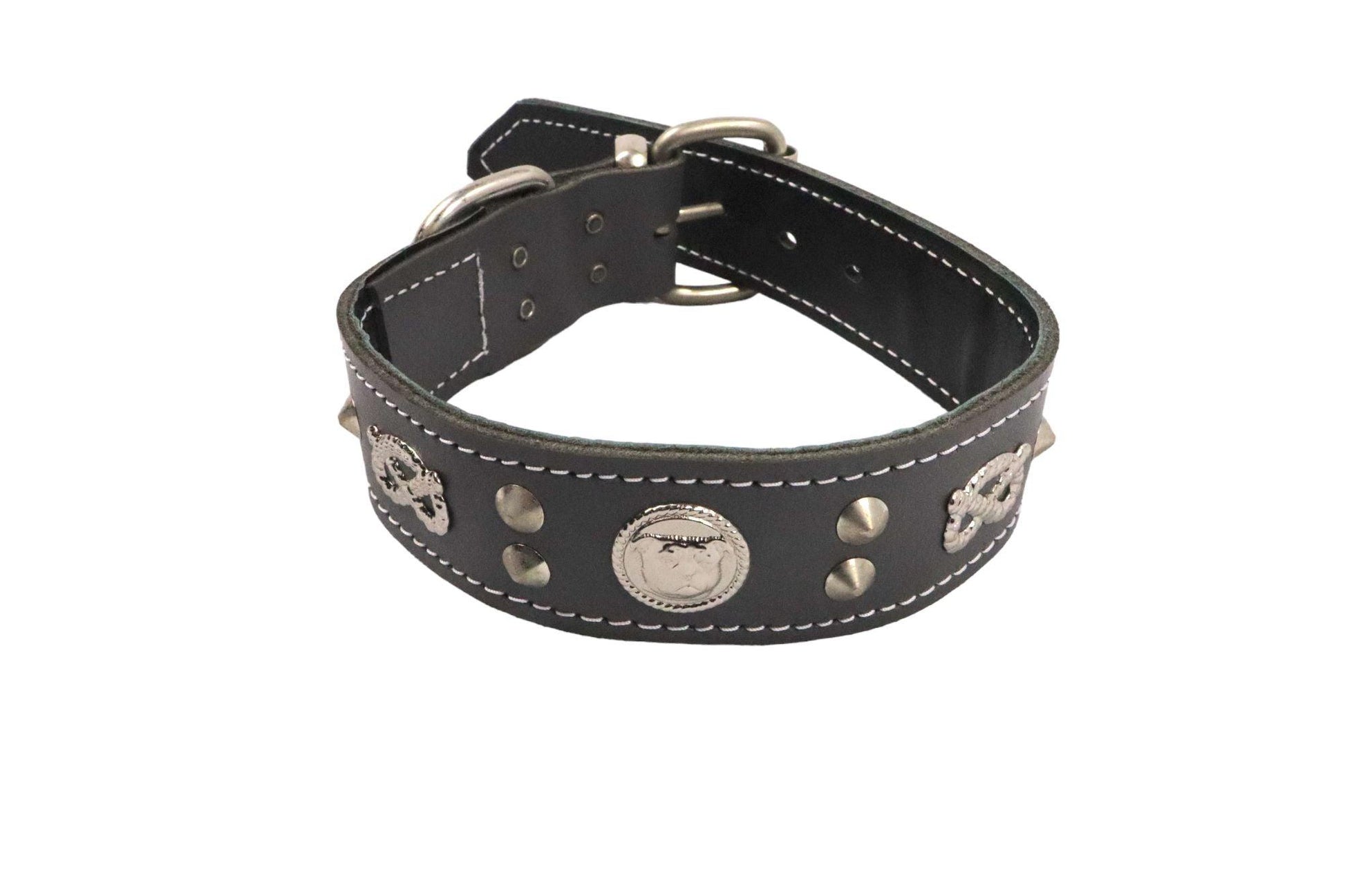 A grey leather Staffy collar with an inner softer leather. With detailed Staffordshire knots and Staffordshire Bull terrier emblems and short studs.