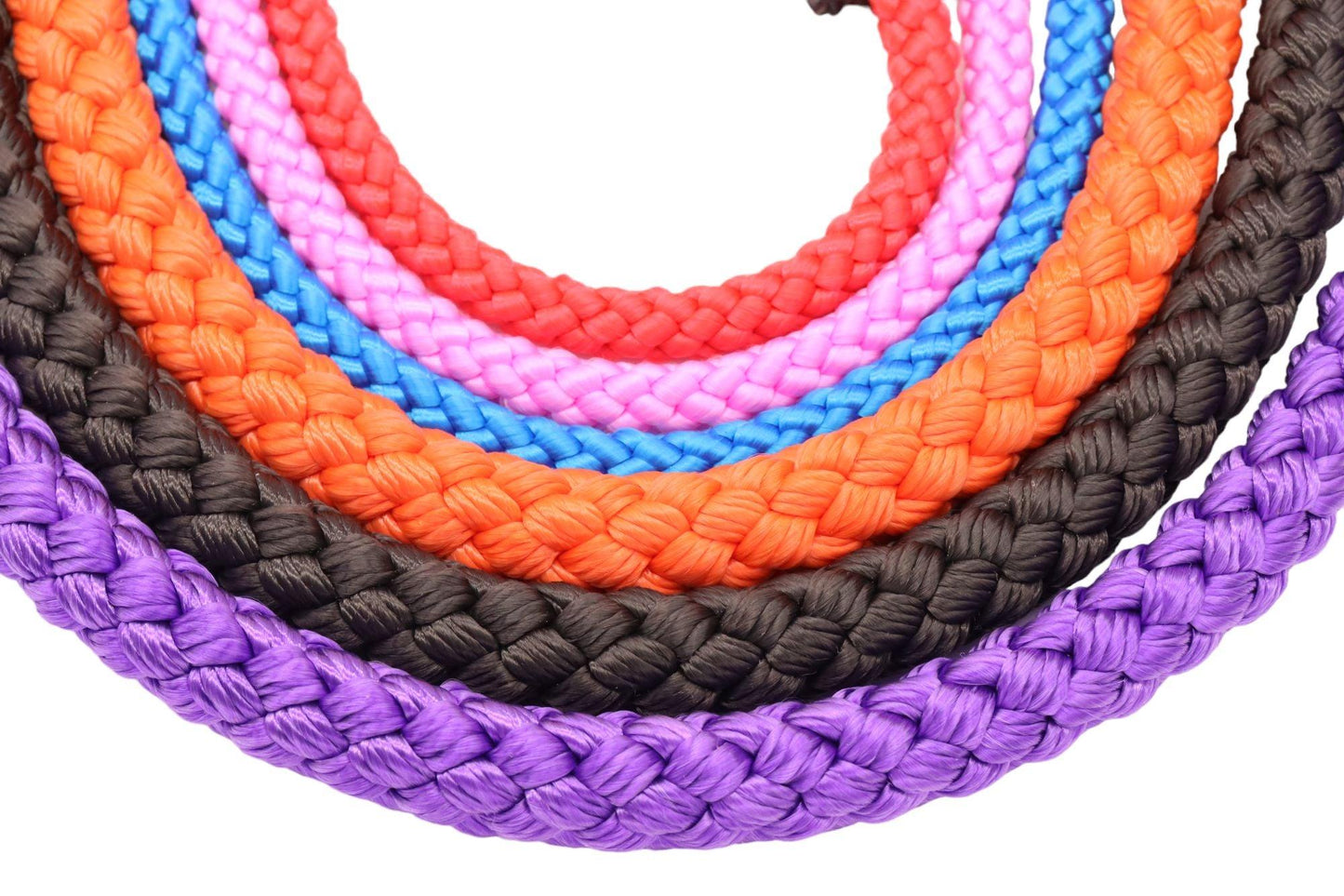 Purple, black and orange 12mm braided rope, 8mm blue, pink and red braid lead with a close up view.