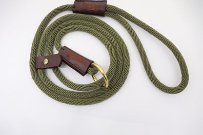 Hand sewn Traditional Gundog Slip Lead - Solid Brass and Brown Leather shroud with Nylon Rope