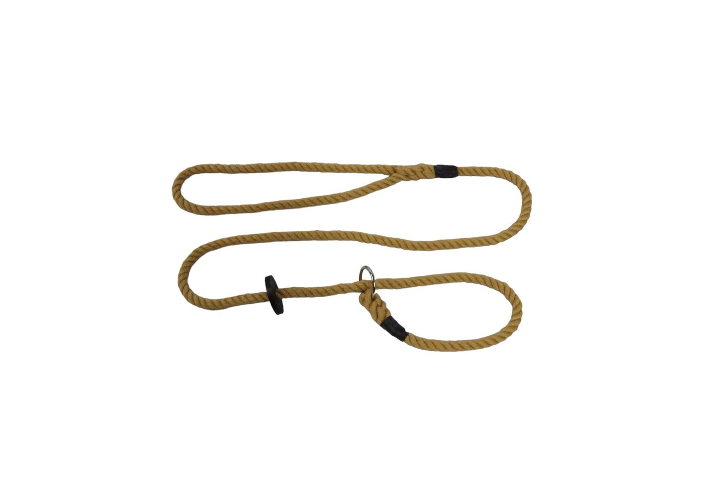 A hemp coloured cotton slip lead shaped in an S position. With a shiny reflective nickel ring and rubber stopper.