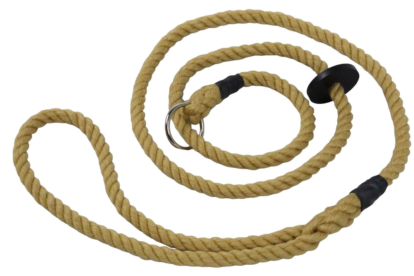 A hemp coloured cotton slip lead which spirals out in a circle. With a shiny reflective nickel ring and rubber stopper.