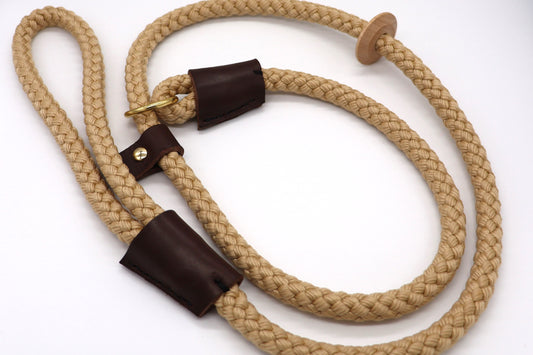 Handmade Slip Lead - Beige Rope with Leather and Wooden Stopper