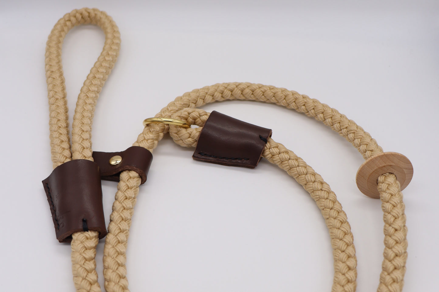 Handmade Slip Lead - Beige Rope with Leather and Wooden Stopper