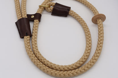 Handmade Slip Lead - Beige Rope with Leather and Wooden Stopper