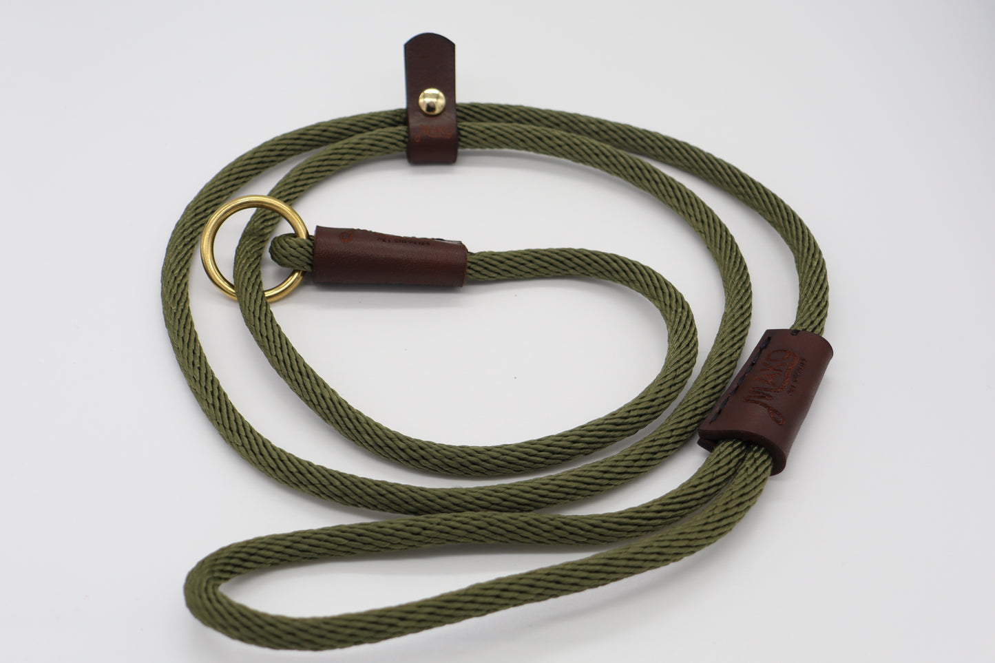 Handmade Slip Lead - Solid Brass and Leather Olive Nylon Twist