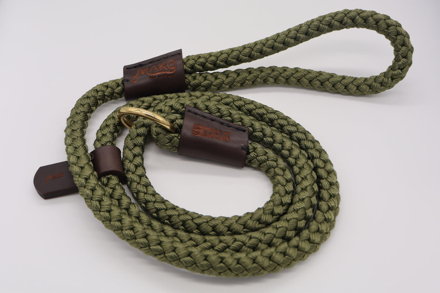 Handmade Traditional Gundog Slip Lead - Solid Brass and Leather with Black or Olive Nylon Rope