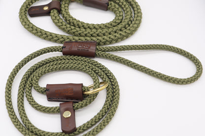 Handmade Traditional Gundog Slip Lead - Solid Brass and Leather with Black or Olive Nylon Rope