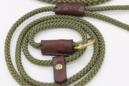 Hand-sewn Olive Green Custom Slip Lead in Thin 8mm Nylon Rope - Longline Slip Lead