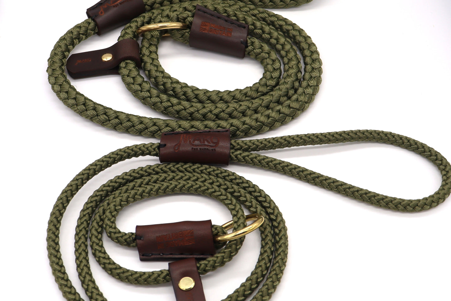 Hand-sewn Olive Green Custom Slip Lead in Thin 8mm Nylon Rope - Longline Slip Lead