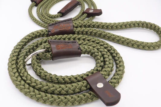 Thick Olive Green Hand Sewn Custom Length Slip Lead - Longline Slip Lead 12mm Rope