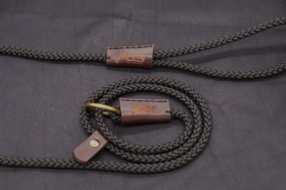 Hand sewn Traditional Gundog Slip Lead - Solid Brass and Brown Leather shroud with Nylon Rope